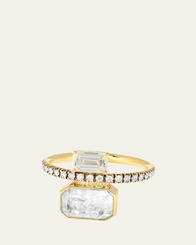 18K Yellow Gold Emerald Cut Diamond Ring with Kaleidoscope Shaker